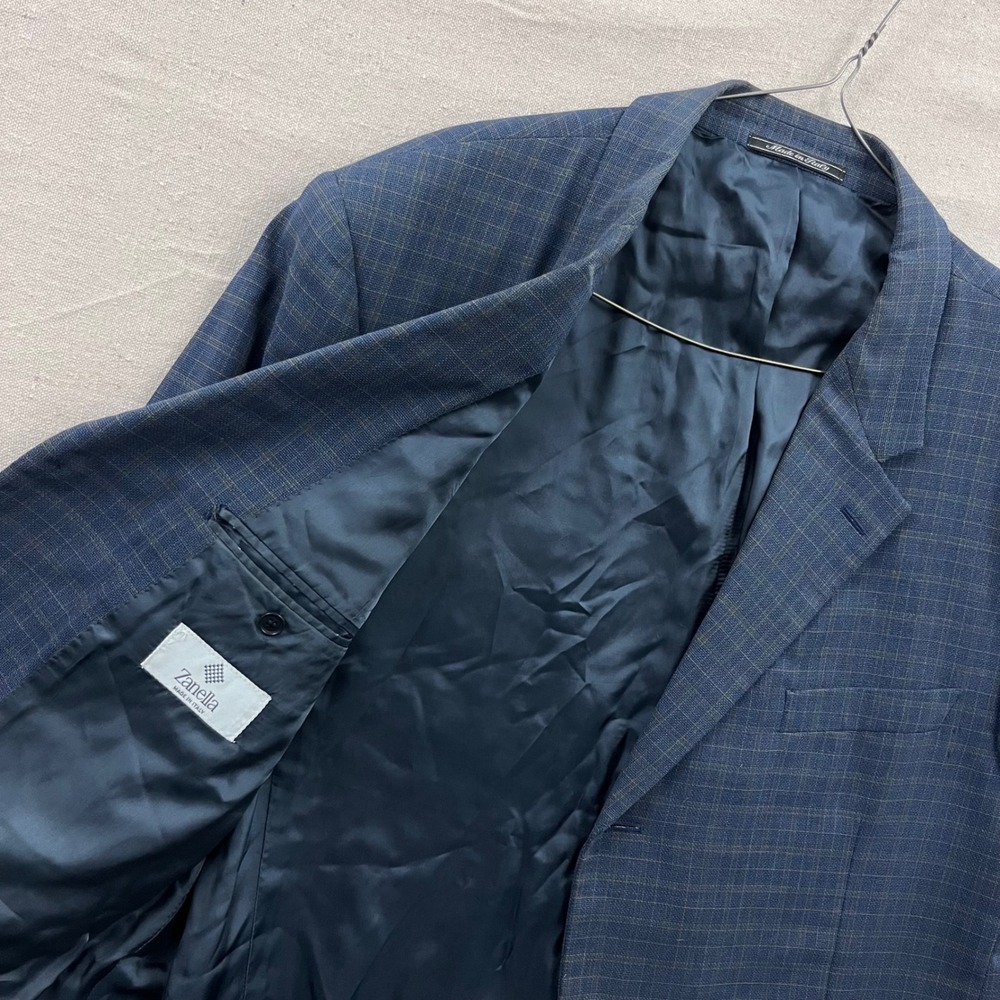 Zanella Sport Coat Mens 46 Blue Check Virgin Wool 3-Button Blazer Italy